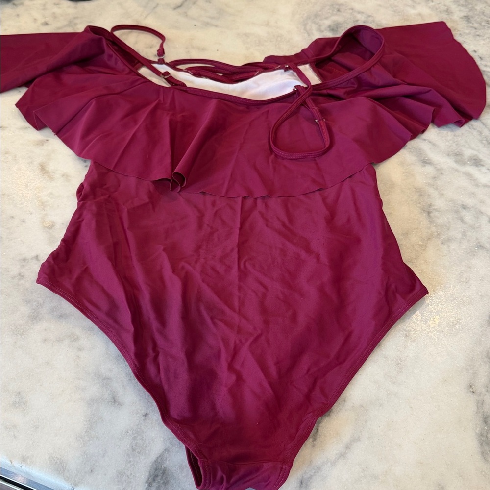 Women’s Off-Shoulder One-Piece Swimsuit in Berry - Picture 3 of 3